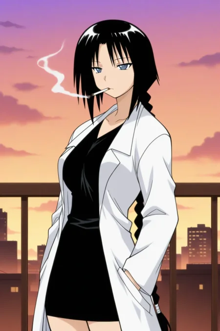 masterpiece, best quality, pugyuru_hokeni_ilxl, 1girl, solo,  <lora:pugyuru_hokeni_ilxl:0.9>, black hair, labcoat, skirt, long hair, braid, cigarette, pencil skirt, single braid, miniskirt, city, anime coloring, anime screencap