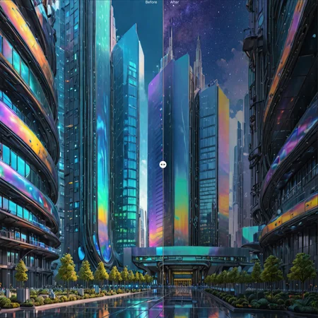 a futuristic iridescent city landscape,tall skyscrapers,high tech futuristic hospital campus,biotechnology research campus,architecture,8K photography,HDR,highly detailed,Trending on Flickr,Golden Ratio,award winning,<lora:IOS_Iridescent_opal_style:1>,
