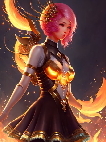 digital painting full body portrait of newtkn alisabcnv, art by midjourney, ultra detailed burning girl, glowing fire particles around, highly detailed face