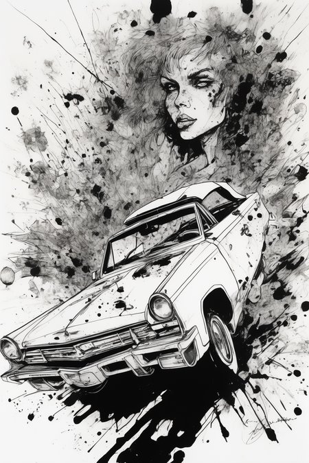 Jim Mahfood Style - black and white pen, ink and rough splatter illustration by Ralph Steadman of closeup on face of a lunatic, female drug-addled robot extremist driving a 1960s convertible through Las Vegas circa 1970 being attacked by robot drones from hell, extreme dramatic diagonal angles.
