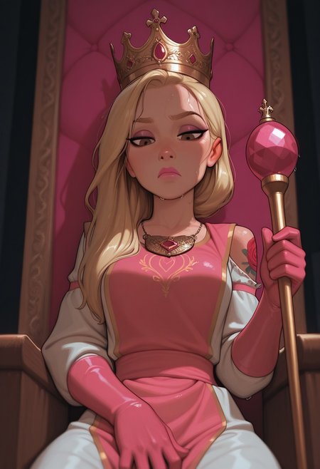 masterpiece, best quality, amazing quality, very aesthetic, DISNEY_ANIMATION, incoth, (incase:0.6), female, (depth of field), 
beautiful 18 year old russian czech princess, perfect face, blonde hair, hair tucked behind her ear, pink lipstick,
eyeliner,slim, small breasts, hair swept to one side, beautiful, kawaii, brown eyes, sitting, throne, medieval, pink evening gloves, golden crown, pink tabard with gold embroidery, shoulder tattoo, necklace,
detailed face, beautiful face, dramatic, wet hair, close up of her face, zoomed in on her face, curious, tilting head, serious, holding a scepter, looking down at viewer, view from below, regal, noble