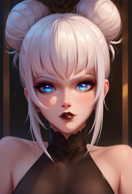 score_9, score_8_up, score_7_up, score_6_up, ultra quality, high quality, 1girl, slim, pale skin tone, dark lipstick, black dress with white fur, bun hairstyle, white hair, big blue eyes, cute eyes, delicate features, sexy, sensual glare
