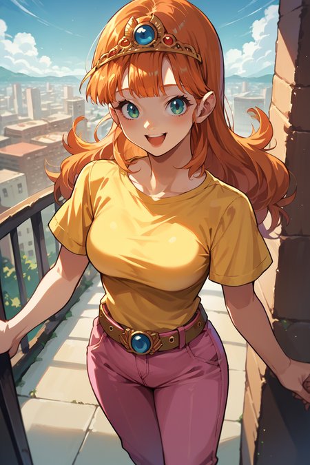 score_9, score_8_up, score_7_up, score_6_up, source_anime, 1girl, solo  <lora:dqlaura-pdxl-nvwls-v1-000005:1> dqlaura, orange hair, tiara, yellow t-shirt, pink pants, belt, happy, breasts, city, blue sky, from above, looking at you