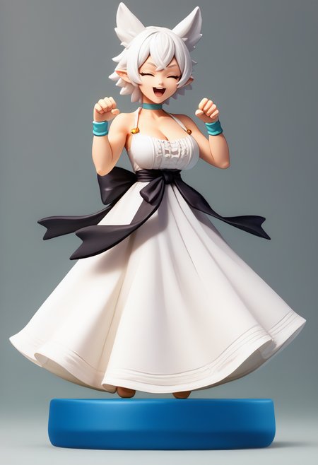 score_9, score_8_up, score_7_up, amiibo, figure, solo, full body, <lora:Amiibo_pdxl_Incrs_v1:1>, <lora:lv2supercheatpowers_fenrys_ponyXL:0.8> lv2fenrys, white hair, animal ears, pointy ears, large breasts, white dress, sleeveless dress, waist bow, black bow, choker, wristband, bare shoulders, collarbone, cleavage, paw pose, hands up, happy, closed eyes, open mouth,