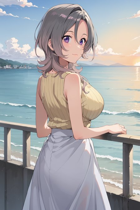 score_9, score_8_up, score_7_up, , source_anime, 1girl,   chiyuhaebaru, grey gradient hair, yellow sweater, white skirt, sleeveless sweater, long skirt,  mole on neck, White hair, purple eyes, ribbed sweater, large breasts, medium hair, smile,  , (cowboy shot:1.5),   looking at viewer, (from behind:1.5),  looking back,  outdoors,  sea, (railing:0.5), sunset <lora:chiyuhaebaru_pony:1> chiyuhaebaru, grey gradient hair,  mole on neck, White hair, purple eyes,  large breasts, medium hair,