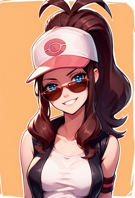 score_9, score_8_up, score_8, big breasts, (curvy), cute,      
BREAK,
(sunglasses:1), smug, sirmont, 
zzHilda, long hair, high ponytail, sidelocks, hat, collarbone, white shirt, black vest, sleeveless, wristband,  
BREAK,
smile, looking at viewer, 
upper body, head tilt, narrow waist, 
abstract background, white outline, 
zPDXL,