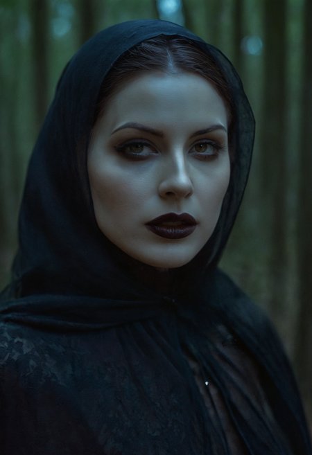 Dark art chdmchlwrd style, close up of a beautiful mysterious woman, standing in the woods during dusk, macabre, sinister, extremely lifelike, realistic skin texture, raytracing, sharp focus, 8k, hdr, masterpiece, photography, dslr, kodachrome, 35mm photograph, analog film, professional, highly detailed