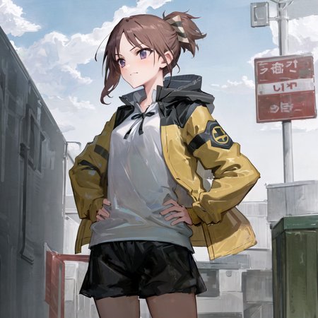 masterpiece, best quality, absurdres, detailed, 1girl, solo, AkiraGGN, short hair, brown hair, purple eyes, blue hoodie, yellow jacket, yellow hair bow, medium breasts, parted bangs, ponytail, short shorts, standing, hands on hips, smug  <lora:AkiraGGN:1>