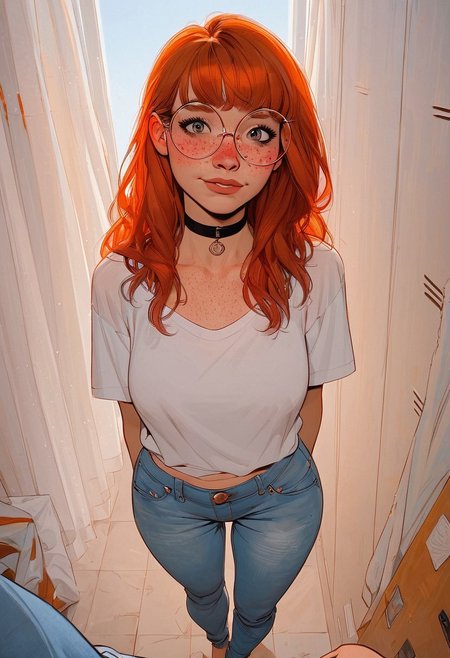 score_9, score_8_up, score_8_up, 1 Caucasian ginger girl, 1 girl, ginger hair, ((long hair)), ((bangs)), straight hair, choker, full body portrait, nervous, in locker room, blushing, happy to see viewer, POV, round aesthetic glasses, ((freckles, streetwear, oversized jeans)), average tits, teardrop shaped tits, fit body, thin waists, beautiful, day lighting, negative_hand, g0thicPXL, GTA