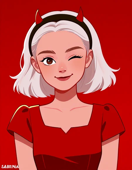 <lora:SabrinaIllustrious1.00JLFO:0.8> Sabrina, 1girl, solo, red background, one eye closed, hairband, horns, smile, white hair, dress, looking at viewer, black hairband, red dress, upper body, artist name, brown eyes