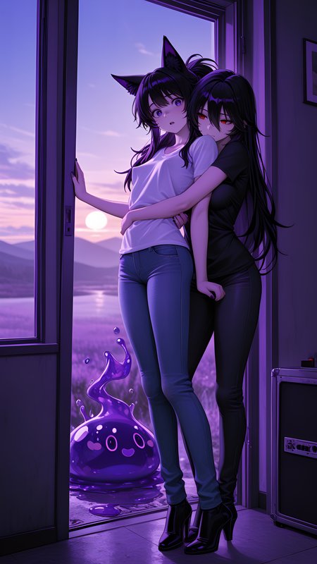 Midnight black hair, slime_(creature), Eager expression (Anticipation), motion_lines:1.1, absurdres, Mitsuha Miyamizu (Your Name), slime, depth of field, HDR, 2girls, War Drummer, fox_ears, motion_blur:1.1, newest, perky breasts, decorative edge of bralette peeking out, amazing quality, nail_polish, masterpiece, Mountain trail enveloped in dense, Deep scoop neck t-shirt, light skin, skinny jeans, Divine Light / Holy Radiance, Ultra Violet Theme, ambient occlusion, Side-swept ponytail, hugging_from_behind, vhs tape aesthetic, in the style of ck-ovf, portrait, very aesthetic, sunrise, 8K, ultra-detailed, cold mist, best quality, absolutely eye-catching, heels, long hair, anime character, blurry background