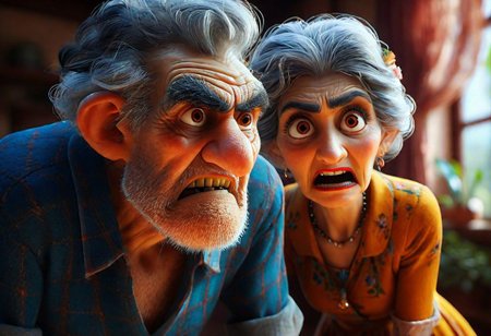 impactful paint of  an  angry  old man looking  at  old woman  <lora:Cute_3D_Cartoon:1>,    highly detailed,   8k,   sharp,  professional, clear,   high contrast, high saturated, , vivid deep blacks, crystal clear