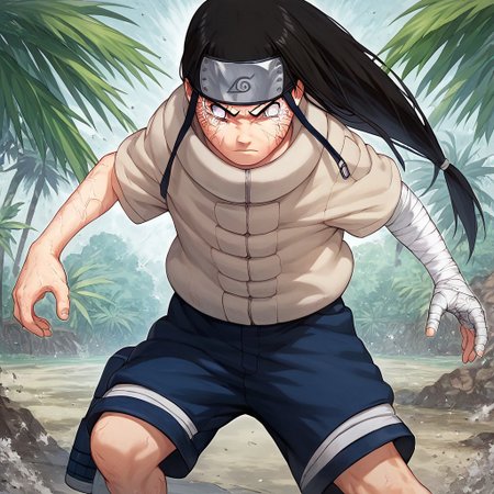 score_9, score_8_up, score_7_up, mastepiece, 1boy, solo, masterpiece, Neji, Black Hair, Long Hair, Ponytail, No pupils, grey eyes, Beige shirt, shorts, forehead protector, bandaged arm, fighting stance, open palm, veins around eyes, hands