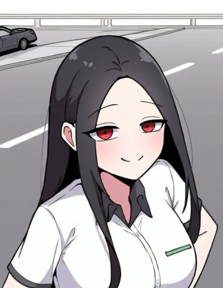 masterpiece, best quality, newest, absurdres, highres, safe,, <lora:yoo-jae-kyung-manhwa-illustriousxl-lora-nochekaiser:1>, yoo jae-kyung, long hair, large breasts, black hair, red eyes, forehead,, skirt, shirt, white shirt, short sleeves, collared shirt, black skirt, pencil skirt, office lady,, parking lot, cars, asphalt, spaces, open, , smug, hands on own hip, looking at viewer, solo,, cowboy shot, solo
