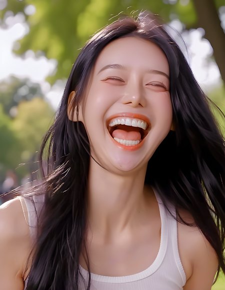 In a bustling city park under the warm, golden glow of early afternoon sun, L334Y _ a vibrant woman with long black hair cascading down her shoulders, her eyes shining with an infectious grin revealing her perfectly white teeth _ is caught mid-laugh while playfully holding up her shirt, the simple background subtly blurred to emphasize her radiant presence and the vibrant energy of the moment. The camera angle is slightly above, capturing the scene from a bird's eye view that accentuates both the park's lush greenery and L334Y's carefree spirit.