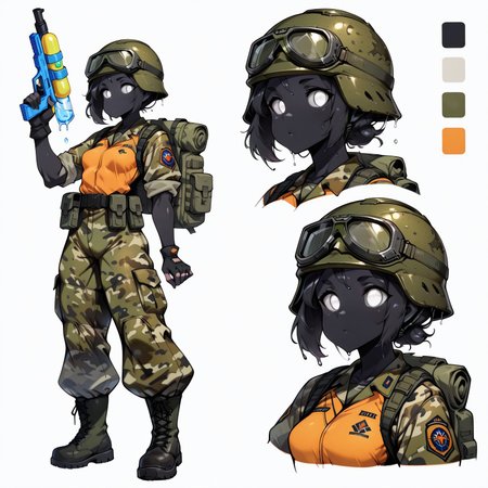 safe_pos, masterpiece, best quality, newest, absurdres, highres, vibrant, highly detailed, mature, 
BREAK 
1girl, solo, semi-slime girl, black hair, white eyes, glowing eyes, no pupils, small breasts, toned, black skin, camo military fatigues, camo baggy pants, drab green camo clothes, military helmet, goggles on helmet, backpack, ammo pouch, fingerless gloves, combat boots, holding a water gun, 
BREAK 
CharacterDesignIllustrious, reference sheet, simple white background, (color guide:1.2), (multiple views), (full body), dynamic pose