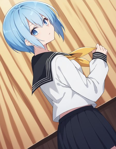 score_9, score_8_up, score_7_up, source_anime, <lora:dimensionalseduction-nonoa-s1-ponyxl-lora-nochekaiser_r1:1>, nonoa, short hair, blue eyes, blue hair, mature female, skirt, shirt, long sleeves, school uniform, pleated skirt, serafuku, black skirt, sailor collar, neckerchief, black sailor collar, yellow neckerchief,, theater, stage, seats, performance, curtains, , <lora:shaft-look-ponyxl-lora-nochekaiser:1>, shaft look, looking back, from behind, head tilt,, looking at viewer, solo,, dutch angle, cowboy shot