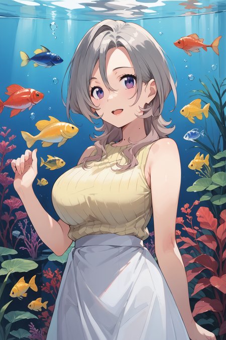 score_9, score_8_up, score_7_up, , source_anime, 1girl,   chiyuhaebaru, grey gradient hair, yellow sweater, white skirt, sleeveless sweater, long skirt,  mole on neck, White hair, purple eyes, ribbed sweater, large breasts, medium hair, smile,  <lora:chiyuhaebaru_pony:1>, (cowboy shot:1.5),   looking at viewer, aquarium, ,  sidelighting, open mouth,  hand up,