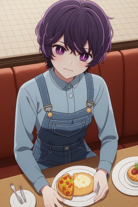 sscore_9, score_8_up, score_7_up, source_anime, 1girl, prefect lighting, very aesthetic, intricate details, highly detailed background, masterpiece, high quality, prefect hands, best quality, solo, 
<lora:Abiko_Samejima_Oshi_No_Ko_V1:.85>, KJOabiko, purple hair, purple eyes, slit pupils, short hair, 
long sleeves, blue overalls, 
embarrassed, looking to the side, sitting, at booth, head tilt, pov across table, wavy mouth, 
restraunt, dinner, 
(Beautiful, small Breasts:1.2), natural breasts,