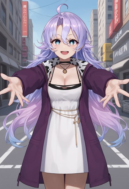 1girl, solo, Shisui_Michiru, long hair, blue eyes, parted bangs, hair between eyes, light purple hair, multicolored hair, gradient hair, purple jacket, long sleeves, cow print, cleavage, white dress, sleeves past wrists, city, street, reaching toward viewer, outstretched arms, open mouth, smile, ahoge