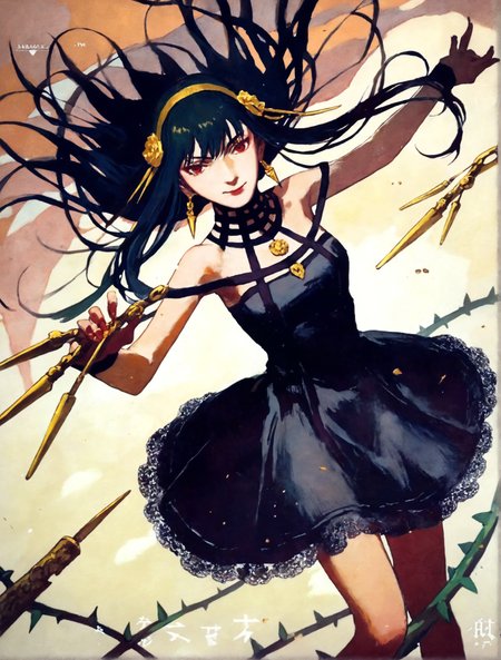 (score_9,score_8_up,score_7_up,score_6_up),concept art,high res,source anime,super fine illustration,detailed lines,<lora:MeMaXL_V3:0.4>,
1girl,yor briar,<lora:_sdxl-sf-yor_briar:1>,cowboy shot,(half-closed eyes:0.4),seductive smile, black dress,frilled,dancing,prepare weapon,long needle,
low light,darkness,deep shadow,shadows,spot light,
perfect anatomy,
thin thorns background,
dynamic angle,uncensored,dynamic pose,
<lora:samulora-xl-lite_004:0.7>,<lora:add-detail-xl:1.4>, <lora:Mikimoto_Haruhiko_PonyXL_style_v01:0.2>, <lora:Yutaka Izubuchi_XL_PONY:0.2>
