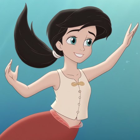close up,melody,1girl,aqua eyes,thick eyebrowns,black hair,ponytail,smile,buck_theet,white hairband,arms floating,green undershirt,sleeveless,red mermaid tail,midriff,underwater background