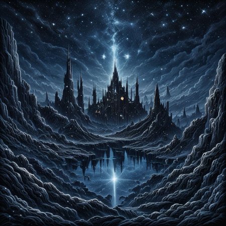 lumenarium, mythical nightscape, dark fantasy,   realism, starry sky,