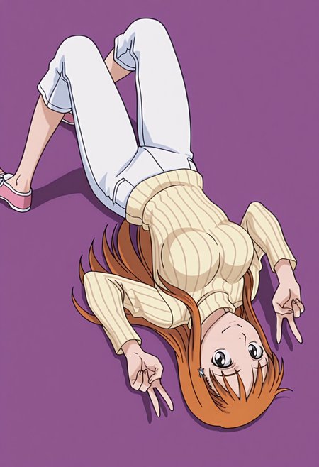 masterpiece, best quality, amazing quality, anime screencap, anime coloring, 1girl, solo,   <lora:DX888Orihime:1> inoue orihime, grey eyes, orange hair, long hair,
hairclip, turtleneck sweater, ribbed sweater, capri pants, white pants  BREAK purple background, rainbow background,  (simple background:1.2) BREAK  (dynamic pose:1.2), smile, blsuh, v, lying, on back, from above, from side,