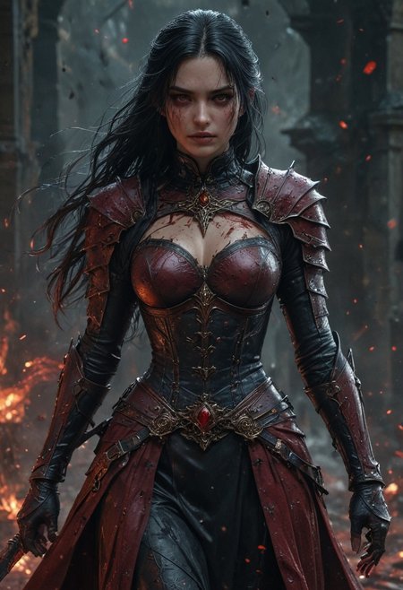 Masterpiece, dgtaaa, extreme close-up of Calista, The Queen of Blood, her face flushed with ecstasy as she raises her blood-soaked sword, drenched in the thrill of the slaughter,  
Her eyes are wide, glowing with a dangerous hunger, her lips stained with crimson as she grins in delight at the chaos she's caused,  
Iconic details include her elegant black and crimson attire, soaked in blood, her long raven hair cascading wildly around her shoulders,  
The setting is a bloodstained battlefield, the crimson mist of battle hanging thick in the air as she stands victorious, her body trembling with satisfaction from the power she wields.