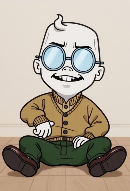 Solo, one character, 
ElmerSkloo, 1boy, single lock of curly hair, protruding front tooth, button nose, round opaque glasses, beige sweater, dark green pants, brown shoes,