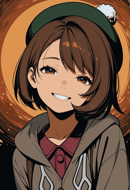 masterpiece, best quality, amazing quality, very aesthetic, absurdres, newest, cvle01, 1girl, solo, (minimalism:1.2), flat-colors, flat-shading, monochrome, (spot-color), gloria-\(pokemon\), short-hair, brown-hair, brown-eyes, smile, grin, head-tilt, green tam-o'-shanter, clothed, portrait, facing-viewer, abstract-background, two-tone-background, gradient-background, detailed hair, volumetric lighting, realistic-lighting,