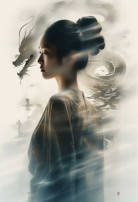Double Exposure Style,Volumetric Lighting,a girl with Wrap top,arching her back,Traditional Attire,Artistic Calligraphy and Ink,light depth,dramatic atmospheric lighting,Volumetric Lighting,double image ghost effect,image combination,double exposure style, background lightly brushed with the image of a Chinese dragon<lora:EMS-379413-EMS:1.000000>