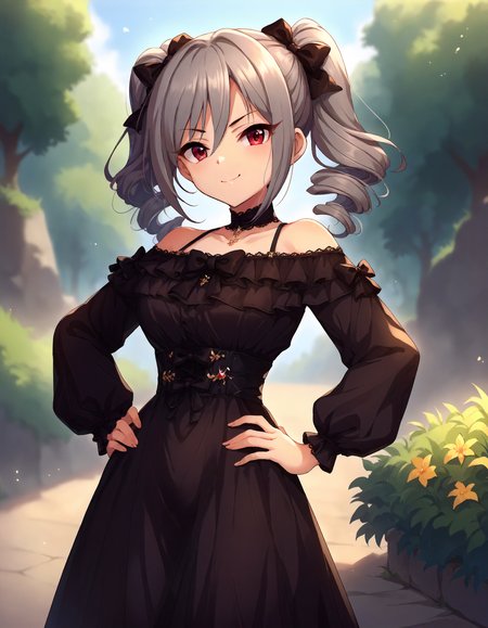 score_9,score_8_up,score_7_up,1girl,solo,cowboy shot,looking at viewer,smirk,closed mouth,hands on hips,outdoors,
<lora:kanzakiranko_ponyXLV6:0.8>,cgkrk,
grey hair,twin drills,hair between eyes,red eyes,
black bow,black dress,off shoulder,frills,puffy sleeves