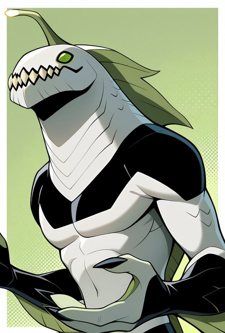 <lora:ripjawsov-10:1> ripjawsov, no humans, sharp teeth, teeth, colored skin, monster, pale skin, angler fish lure, , monster boy, claws, digimon (creature), fins, , square jaw, light green background, masterpiece, best quality, amazing quality, very aesthetic, absurdres, newest,, upper body, halftone effect, white borders, abstract background:1.2,