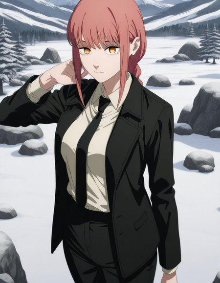 masterpiece, best quality, amazing quality,, <lora:chainsawman-makima-s1-illustriousxl-lora-nochekaiser:1>, makima, makima (chainsaw man), long hair, bangs, yellow eyes, braid, red hair, braided ponytail, ringed eyes, mature female, medium breasts, anime screencap, shirt, long sleeves, jacket, white shirt, necktie, collared shirt, pants, black jacket, black pants, formal, suit, black necktie, shirt tucked in, office lady,, from above,, mountain, rock, height, snow, trees, cowboy shot, solo, looking at viewer
