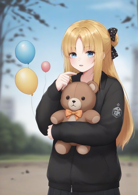 1girl,:o, balloon, black bow, black jacket, blonde hair, blue eyes, blurry, blurry background, bow, crossed bandaids, day, depth of field, hair bow, hair bun, hand up, holding, holding balloon, holding stuffed toy, jacket, key, long hair, long sleeves, official alternate costume, orange bow, outdoors, parted bangs, parted lips, polka dot, polka dot bow, shade, single hair bun, sleeves past wrists, solo, standing, star (symbol), stuffed animal, stuffed toy, teddy bear, tree <lora:summer1_style:1>