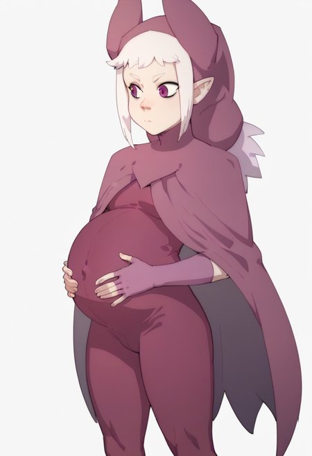 score_9, score_8_up, score_7_up,  1girl, solo, pregnant, norawakfu, white hair, purple eyes, hood, horns, hood, horns, cloak, fingerless elbow gloves, bodysuit, cape, standing, holding belly, covered belly, covered navel, white background,