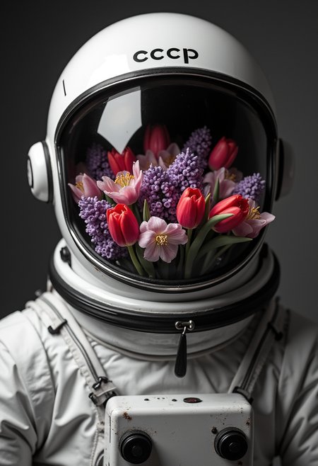 Content: a closeup professional black and white photoshot of a soviet USSR spacesuit damaged during several space missions, the helmet is open and inside there is a huge bouquet of colorful tulips and lylac flowers and lily, the bouquet is so big that a lot of flowers are outside of the helmet, there is a text "CCCP" on the helmet in bold font

Details: the photo is only black and white with large film grain and poor lightning