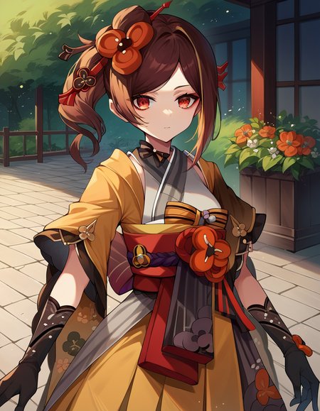 score_9, score_8_up, score_7_up, source_anime, 
genshinchiori, <lora:genshin-chiori-ponyxl-lora-nochekaiser:1>, 
chiori, brown hair, hair ornament, red eyes, flower, hair flower,
gloves, japanese clothes, sash, obi,
outdoors,
looking at viewer, cowboy shot, dutch angle, dynamic pose,