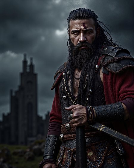 A highly detailed portrait of a noble Southron warrior from The Lord of the Rings, standing fiercely against the foreboding backdrop of the Black Gate of Mordor. The warrior is bareheaded, with piercing, fiery eyes and a deep scar running diagonally across his cheek and nose, adding to his imposing presence. His thick, jet-black hair flows wild, and his full, braided beard is adorned with small metallic rings and beads.

He is clad in intricate, richly adorned armor with dark red and gold accents, featuring exotic patterns and symbols unique to the Southron culture. His posture exudes strength and determination, as he grips the hilt of a curved scimitar resting by his side. The background showcases the immense, jagged towers of the Black Gate, shrouded in an ominous haze, with dark storm clouds looming overhead.

The photo is captured with a high-end professional camera, such as a Nikon Z9 or Canon EOS R5, using a 70-200mm f/2.8 lens for a compressed perspective that emphasizes the warrior while keeping the ominous gate in the distance sharply detailed. The lighting is dramatic, with the warrior illuminated by a harsh side light that accentuates his scar and rugged features, contrasting with the dim, shadowy atmosphere of Mordor.