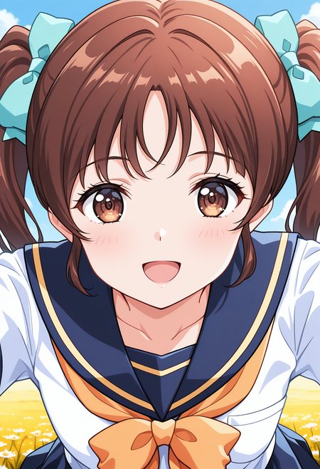 koizumi_rina, brown eyes, brown hair, twintails, hair bow, school uniform, serafuku, short sleeves, white shirt, blue skirt, <lora:fr_koizumi_rina_illustrious_ver1:0.8> 
smile,, masterpiece, best quality, general,, 1girl, solo, (field:1.2), (blue sky:1.2), looking at viewer,, (upper body:1.2), (close-up:1.2), (facing viewer:1.2), (open eyes:1.4), (portrait:1.2)