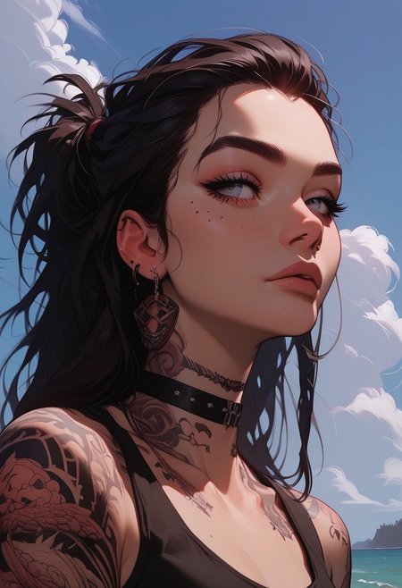 Score_9, Score8_up, Score_7_up, (((High Resolution, Best Quality))), 
1girl, solo, Covered in Tattoos, her hand on her head, brushing hair behind ear, 
Tanktop, cutoff, choker, 
On a Cliff overlooking a beach, Cloudy Sky,