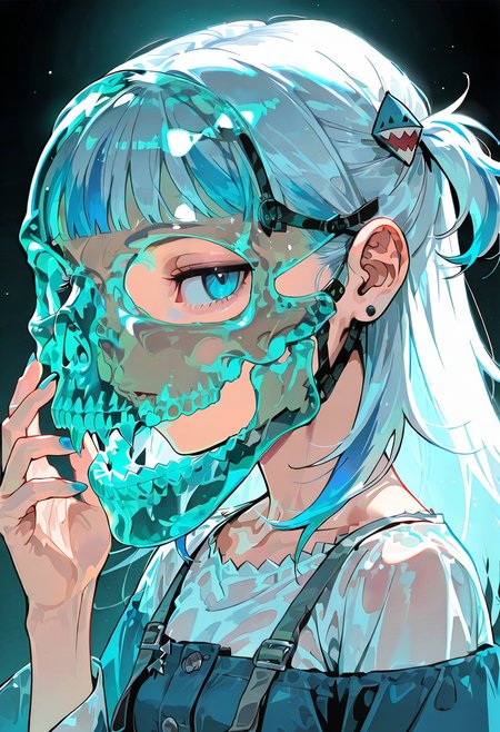1girl, solo, glass mask, see-through,skull, gawr_gura,