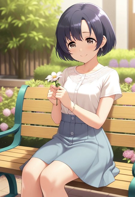 masterpiece,best quality,amazing quality,  shiragiku hotaru, short hair, black hair, brown eyes, 1girl, flower, solo, skirt, sitting, smile, bench, short sleeves, holding, depth of field, jewelry, bracelet