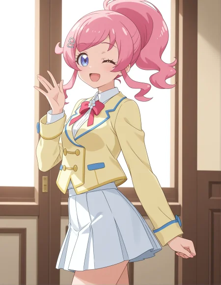 1girl, momoyama mirai, kiratto pri chan, 
solo, anime coloring, pride, from side, standing, one eye closed, pink hair, long hair, high ponytail, swept bangs, sidelocks, hairpin, blue eyes, small breasts, yellow jacket, collared shirt, bowtie, red bow, pleated skirt, white skirt, smile, cowboy shot, jacket, shirt, skirt, red bowtie, miniskirt, looking at viewer, sidelighting, breasts, open mouth, bow, long sleeves, ;d, hand up,
best quality, very aesthetic, newest, masterpiece, absurdres, highres, anime screenshot, safe
 <lora:il-prichan-mirai1.0:1>