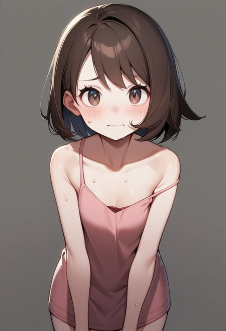 masterpiece,best quality,very aesthetic,absurdres,<lora:gloria_(pokemon):1>,commentary_request, 1girl, blush, simple_background, sweat, closed_mouth, looking_at_viewer, strap_slip, wavy_mouth, gloria_\(pokemon\), no_cardigan, solo, cowboy_shot, eyelashes, collarbone, pink_dress, embarrassed, white_background