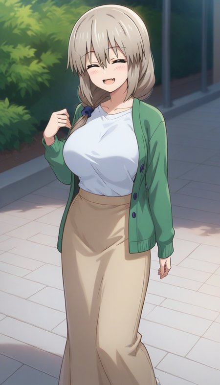score_9,score_8_up,score_7_up,score_6_up BREAK official art,solo,outdoors,upper body,(portrait:1.5),looking at viewer,facing viewer,smile,blush,mature female,Tsuki Uzaki,grey hair,long hair,braid,hair over shoulder,hair scrunchie,hair ornament,hair between eyes,bangs,closed eyes,^_^,collarbone,green cardigan,open cardigan,white shirt,long sleeves,large breasts,skindentation,shirt tucked in,brown skirt,long skirt,high heels,white footwear,<lora:Tsuki Uzaki(uwa)-Pony:1.4>,