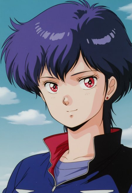masterpiece, best quality, source_anime,official art,perfect_anatomy,1980s_\(style\),retro_artstyle,1girl,solo,miki katsura,1girl,red eyes,short hair,blue hair,earrings,jewelry,jacket,looking_at_viewer,smile,portrait,day,blue_sky,cloud