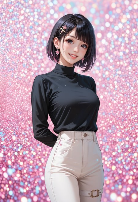 score_9, score_8_up, score_7_up, masterpiece,source_anime, best quality, perfect anatomy, very aesthetic, ((outlined outlined vector graphics)),glittering, glimmering, pink theme,detailed background,cowboy shot,cute face,
1girl,20yo, black hair, black eyes, short bob hair, hair pin,mdeium  breast, black shirt,slender,(white thigh strap:1.1),(black clohtes:1.1),
, looking at viewer,, jewelry, earrings, parted lips,, long sleeve ,  standing , ,  arms behind back ,white pants, (clothed:1.4) , grin , rainbow, casual ware, rainbow powder background   <lora:rainbow-powder-background-01:0.9>