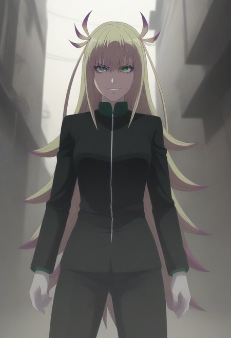 <lora:SlimesKanonIsui:1>, slimes_kanonisui, woman, solo, green eyes, alley background, evil smirk